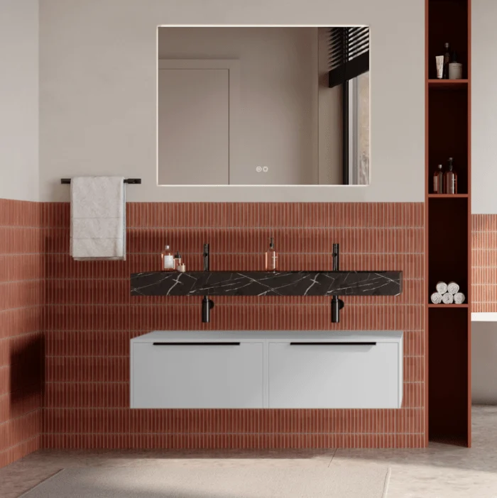 Set mobilier baie suspendat alb mat, lavoar negru si oglinda, manere negre, 120 cm, SaviniDue Iconica