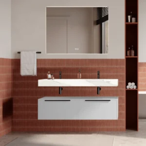 Set mobilier baie suspendat alb mat, lavoar alb si oglinda, manere negre, 120 cm, SaviniDue Iconica
