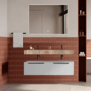 Set mobilier baie suspendat alb mat, lavoar imitatie lemn si oglinda, manere negre, 120 cm, SaviniDue Iconica