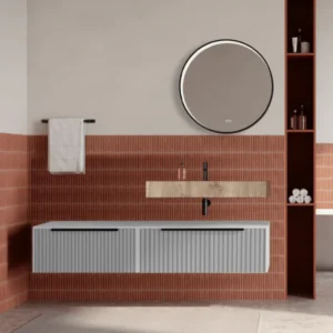 Set mobilier baie suspendat alb mat, riflaje Cannetatto, lavoar imitatie lemn si oglinda rotunda, manere negre, 140 cm, Sa...