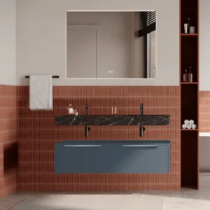 Set mobilier baie suspendat albastru mat, lavoar negru si oglinda, manere din otel inoxidabil, 120 cm, SaviniDue Iconica