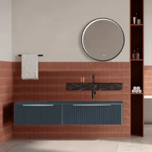 Set mobilier baie suspendat albastru mat, riflaje Cannetatto, lavoar negru si oglinda rotunda, manere din otel inoxidabil,...