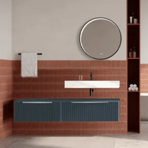 Set mobilier baie suspendat albastru mat, riflaje Cannetatto, lavoar alb si oglinda rotunda, manere din otel inoxidabil, 1...