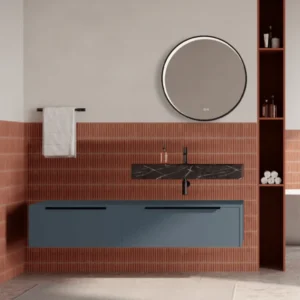 Set mobilier baie suspendat albastru mat, lavoar negru si oglinda rotunda, manere negre, 140 cm, SaviniDue Iconica