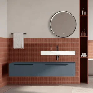 Set mobilier baie suspendat albastru mat, lavoar alb si oglinda rotunda, manere negre, 140 cm, SaviniDue Iconica