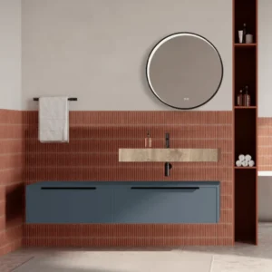 Set mobilier baie suspendat albastru mat, lavoar imitatie lemn si oglinda rotunda, manere negre, 140 cm, SaviniDue Iconica