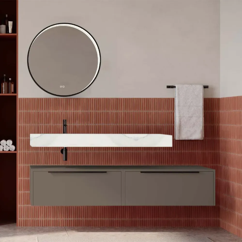 Set mobilier baie suspendat bej cenusiu mat cu lavoar imitație marmură alba și oglindă, 160 cm, SaviniDue Iconica
