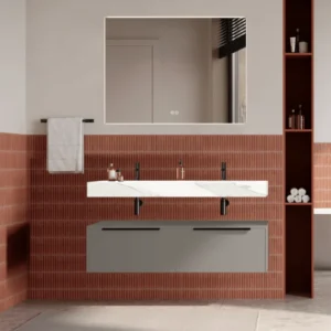 Set mobilier baie suspendat bej, lavoar alb si oglinda, manere negre, 120 cm, SaviniDue Iconica