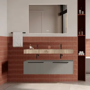 Set mobilier baie suspendat bej, lavoar imitatie lemn si oglinda, manere negre, 120 cm, SaviniDue Iconica