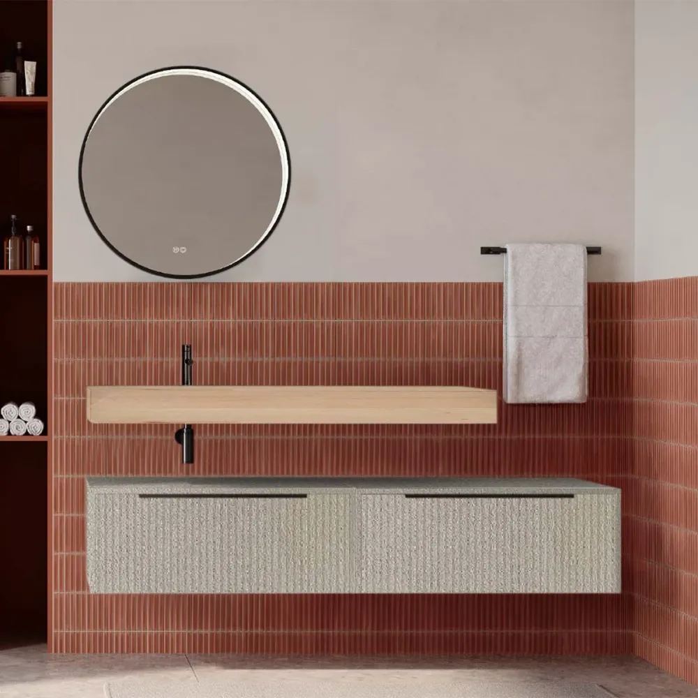 Set mobilier baie suspendat bej mat cu lavoar imitație lemn și oglindă, cu riflaje cannetatto, 160 cm, SaviniDue Iconica