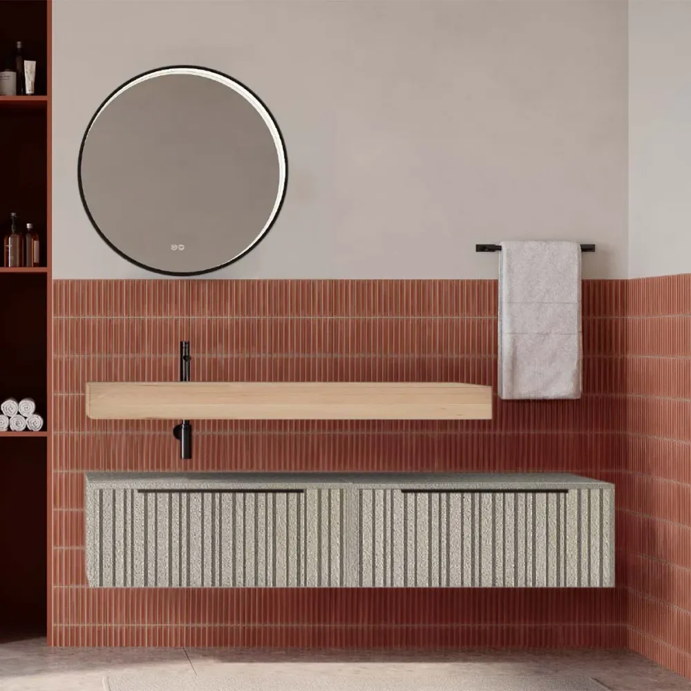 Set mobilier baie suspendat bej mat cu lavoar imitație lemn și oglindă, cu riflaje Plissetatto, 160 cm, SaviniDue Iconica