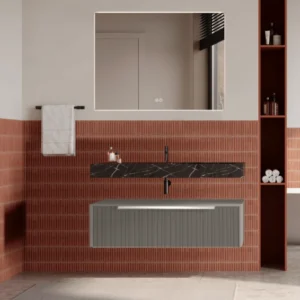 Set mobilier baie suspendat bej mat, cu riflaje Plissetatto, lavoar negru și oglinda, manere crom, 100 cm, SaviniDue Iconica