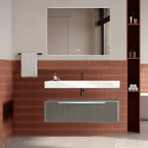 Set mobilier baie suspendat bej mat, cu riflaje Plissetatto, lavoar alb și oglinda, manere crom, 100 cm, SaviniDue Iconica