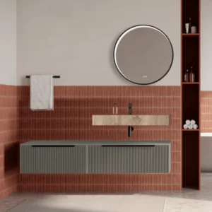 Set mobilier baie suspendat bej, riflaje Cannetatto, lavoar imitatie lemn si oglinda rotunda, manere negre, 140 cm, Savini...