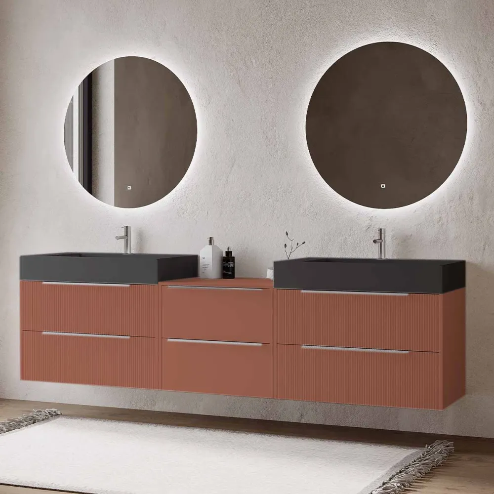 Set mobilier baie suspendat caramiziu, lavoar dublu negru mat pe blat și 2 oglinzi, cu riflaje Cannetatto, 220 cm, SaviniD...