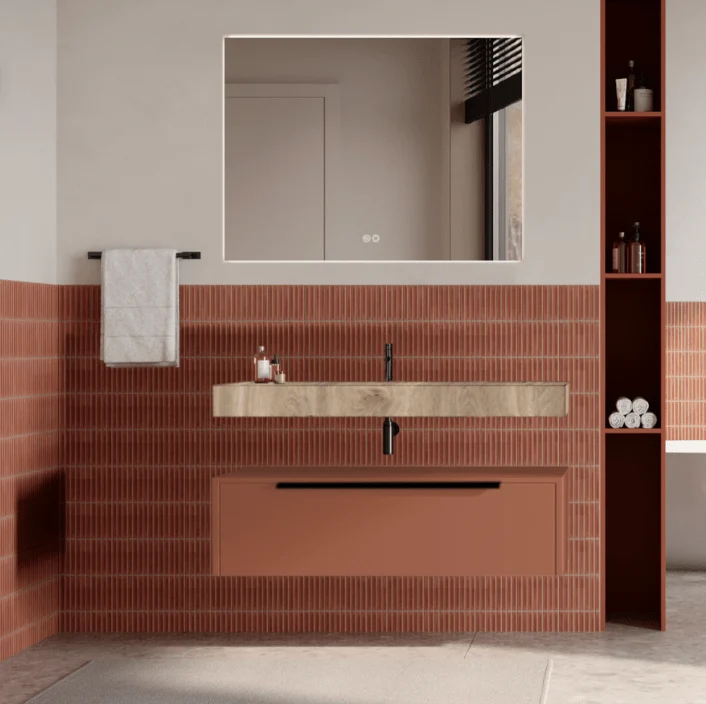 Set mobilier baie suspendat caramiziu, lavoar imitatie lemn și oglinda, manere negre, 100 cm, SaviniDue Iconica