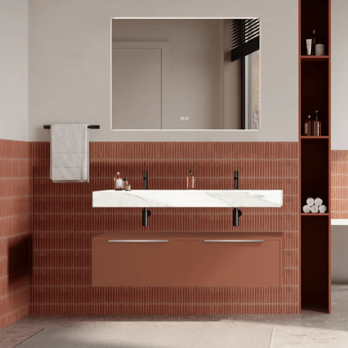 Set mobilier baie suspendat caramiziu, lavoar alb si oglinda, manere din otel inoxidabil, 120 cm, SaviniDue Iconica