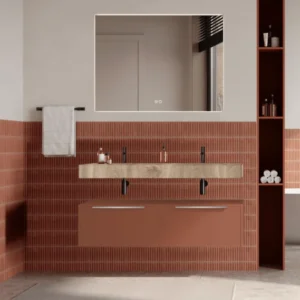 Set mobilier baie suspendat caramiziu, lavoar imitatie lemn si oglinda, manere din otel inoxidabil, 120 cm, SaviniDue Iconica