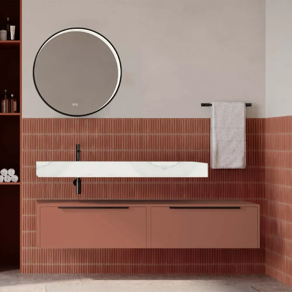 Set mobilier baie suspendat caramiziu mat cu lavoar imitație marmură alba și oglindă, 160 cm, SaviniDue Iconica