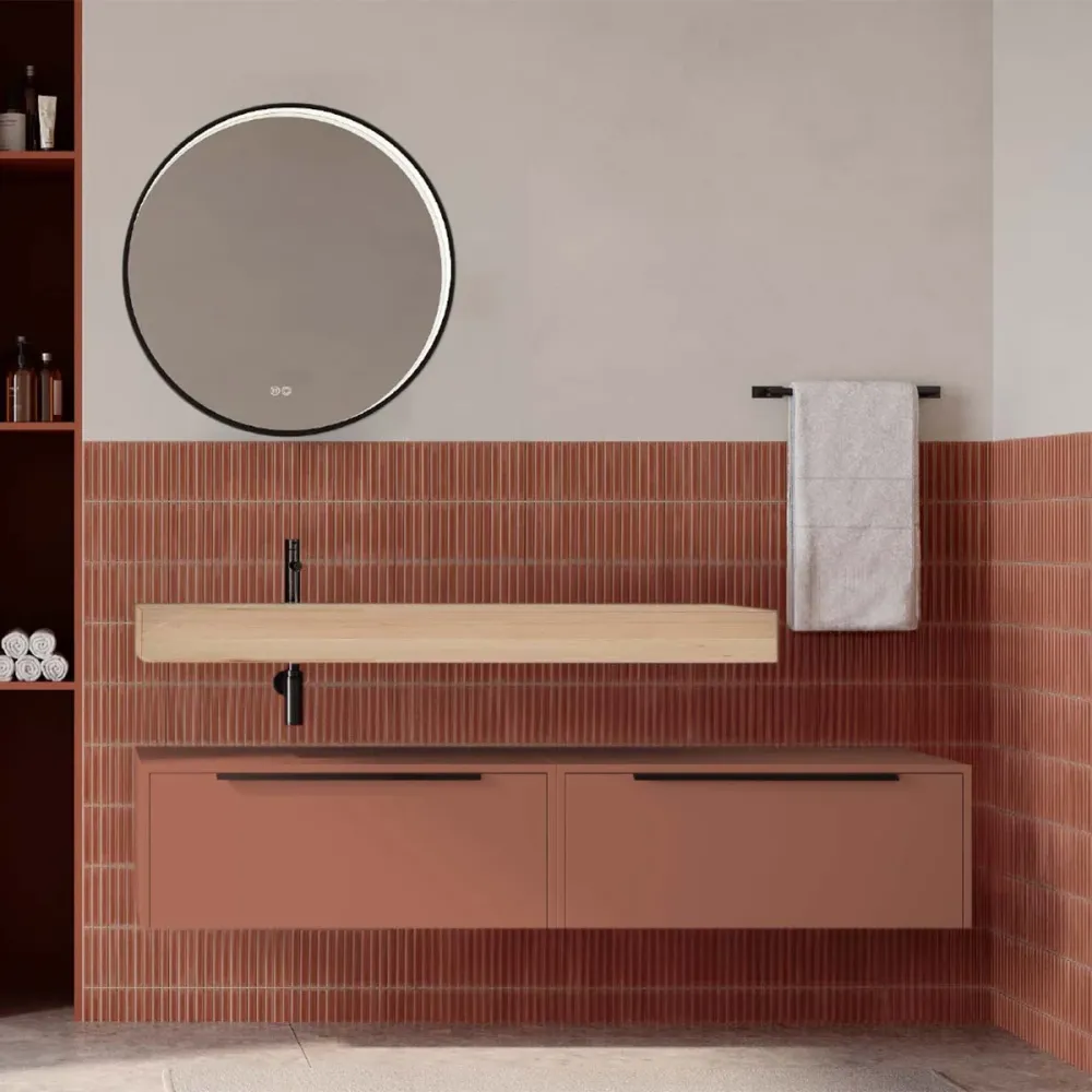 Set mobilier baie suspendat caramiziu mat cu lavoar imitație lemn și oglindă, 160 cm, SaviniDue Iconica