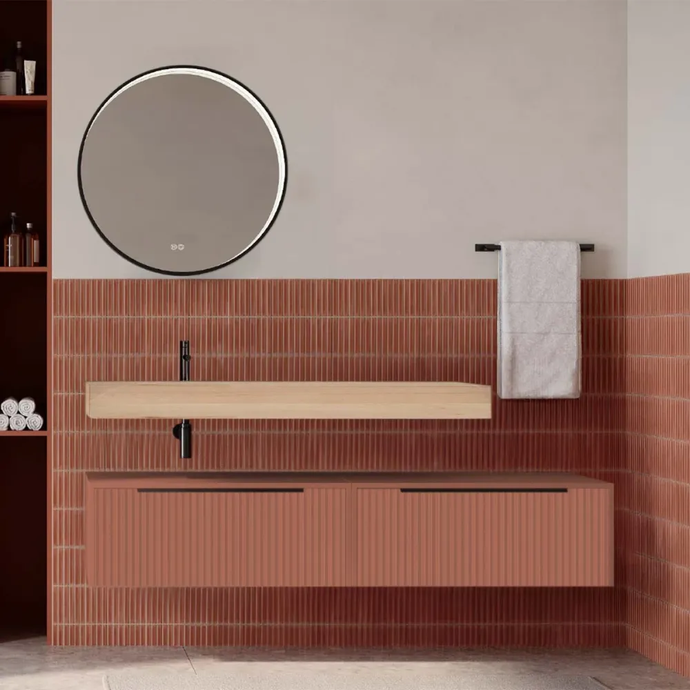 Set mobilier baie suspendat caramiziu mat cu lavoar imitație lemn și oglindă, cu riflaje cannetatto, 160 cm, SaviniDue Ico...