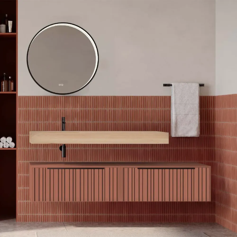 Set mobilier baie suspendat caramiziu mat cu lavoar imitație lemn și oglindă, cu riflaje Plissetatto, 160 cm, SaviniDue Ic...