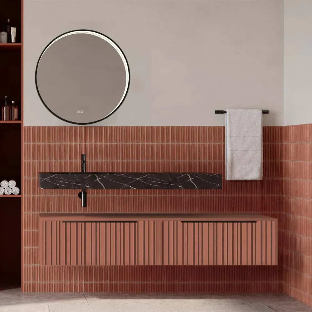 Set mobilier baie suspendat caramiziu mat cu lavoar imitație marmura neagra și oglindă, cu riflaje Plissetatto, 160 cm, Sa...