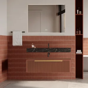 Set mobilier baie suspendat caramiziu, riflaj Plissetatto, lavoar negru și oglinda, manere aurii, 100 cm, SaviniDue Iconica