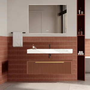 Set mobilier baie suspendat caramiziu, riflaj Plissetatto, lavoar alb și oglinda, manere aurii, 100 cm, SaviniDue Iconica