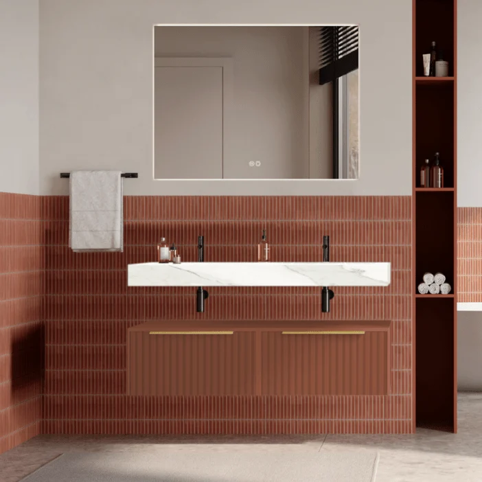 Set mobilier baie suspendat caramiziu, riflaje Cannetatto, lavoar alb si oglinda, manere aurii, 120 cm, SaviniDue Iconica