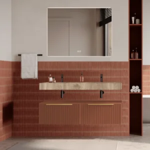 Set mobilier baie suspendat caramiziu, riflaje Cannetatto, lavoar imitatie lemn si oglinda, manere aurii, 120 cm, SaviniDu...