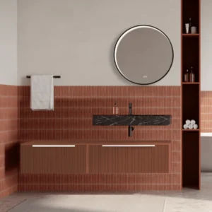 Set mobilier baie suspendat caramiziu, riflaje Plissetatto, lavoar negru si oglinda rotunda, manere albe, 140 cm, SaviniDu...
