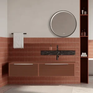 Set mobilier baie suspendat caramiziu, riflaje Dogato, lavoar negru si oglinda rotunda, manere otel inoxidabil, 140 cm, Sa...