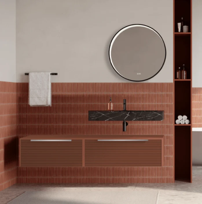 Set mobilier baie suspendat caramiziu, riflaje Dogato, lavoar negru si oglinda rotunda, manere otel inoxidabil, 140 cm, Sa...
