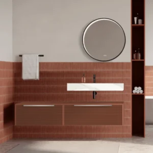 Set mobilier baie suspendat caramiziu, riflaje Dogato, lavoar alb si oglinda rotunda, manere otel inoxidabil, 140 cm, Savi...