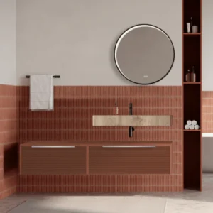 Set mobilier baie suspendat caramiziu, riflaje Dogato, lavoar imitatie lemn si oglinda rotunda, manere otel inoxidabil, 14...