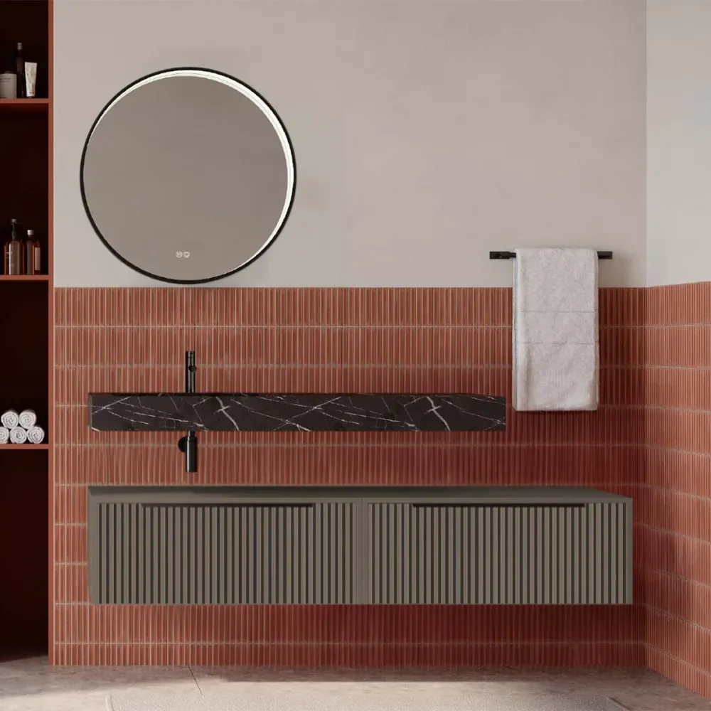 Set mobilier baie suspendat gri cenusiu mat cu lavoar imitație marmura neagra și oglindă, cu riflaje cannetatto, 160 cm, S...