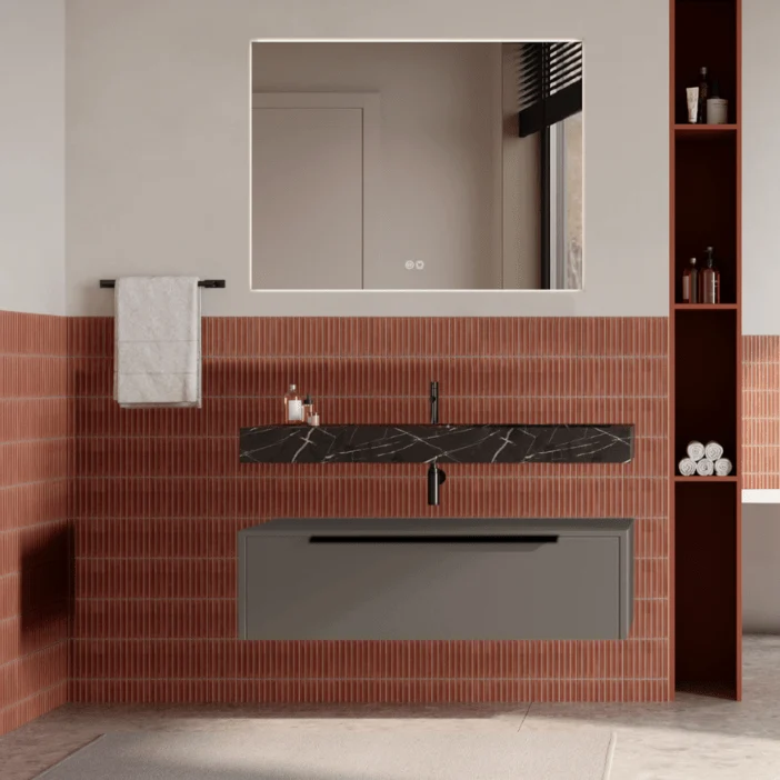 Set mobilier baie suspendat gri cenusiu, lavoar negru și oglinda, manere negre, 100 cm, SaviniDue Iconica