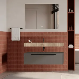 Set mobilier baie suspendat gri cenusiu, lavoar imitatie lemn și oglinda, manere negre, 100 cm, SaviniDue Iconica