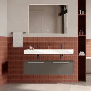 Set mobilier baie suspendat gri cenusiu, lavoar alb si oglinda, manere crom, 120 cm, SaviniDue Iconica