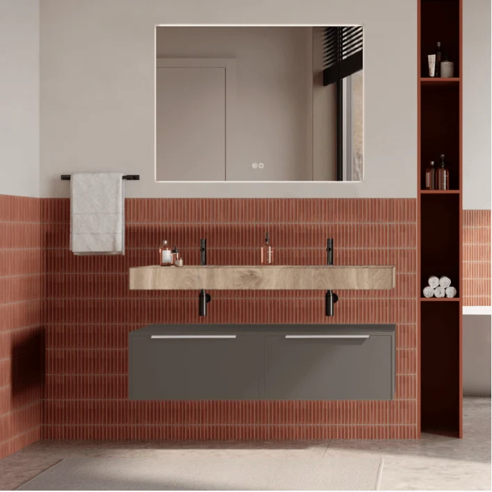 Set mobilier baie suspendat gri cenusiu, lavoar imitatie lemn si oglinda, manere crom, 120 cm, SaviniDue Iconica