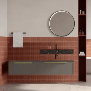 Set mobilier baie suspendat gri cenusiu, lavoar negru si oglinda rotunda, manere aurii, 140 cm, SaviniDue Iconica