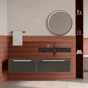Set mobilier baie suspendat gri cenusiu, riflaje Dogato, lavoar negru si oglinda rotunda, manere albe, 140 cm, SaviniDue I...