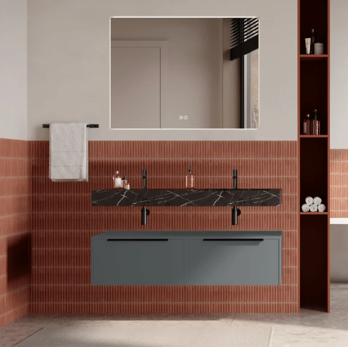 Set mobilier baie suspendat gri, lavoar negru si oglinda, manere negre, 120 cm, SaviniDue Iconica