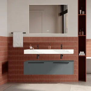 Set mobilier baie suspendat gri, lavoar alb si oglinda, manere negre, 120 cm, SaviniDue Iconica