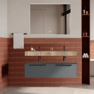 Set mobilier baie suspendat gri, lavoar imitatie lemn si oglinda, manere negre, 120 cm, SaviniDue Iconica