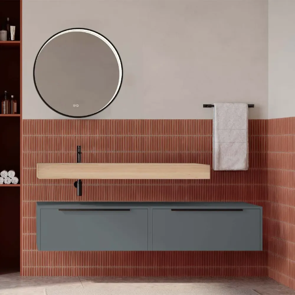 Set mobilier baie suspendat gri mat cu lavoar imitație lemn și oglindă, 160 cm, SaviniDue Iconica