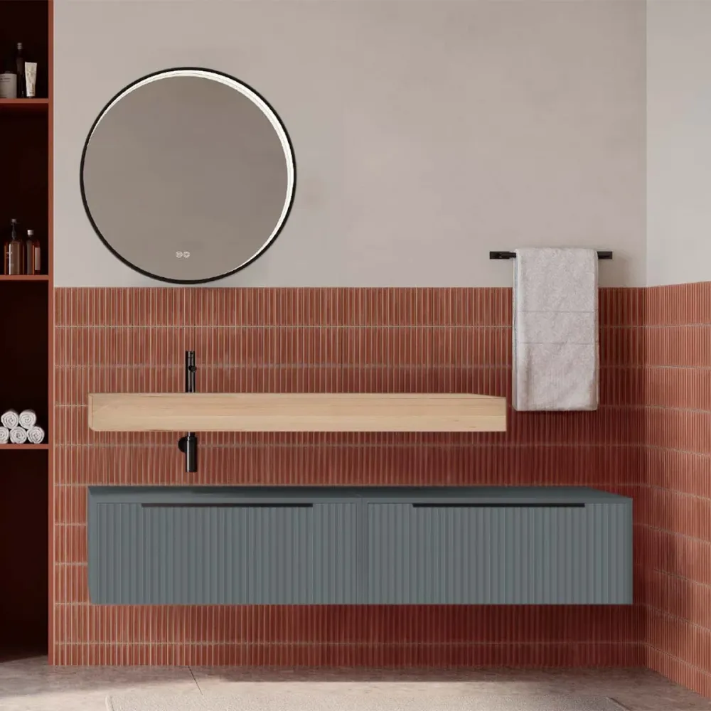 Set mobilier baie suspendat gri mat cu lavoar imitație lemn și oglindă, cu riflaje cannetatto, 160 cm, SaviniDue Iconica