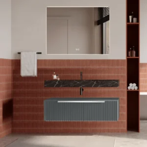Set mobilier baie suspendat gri mat, riflaje Cannetatto, lavoar negru și oglinda, manere crom, 100 cm, SaviniDue Iconica