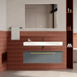 Set mobilier baie suspendat gri mat, lavoar alb și oglinda, manere aurii, 100 cm, SaviniDue Iconica